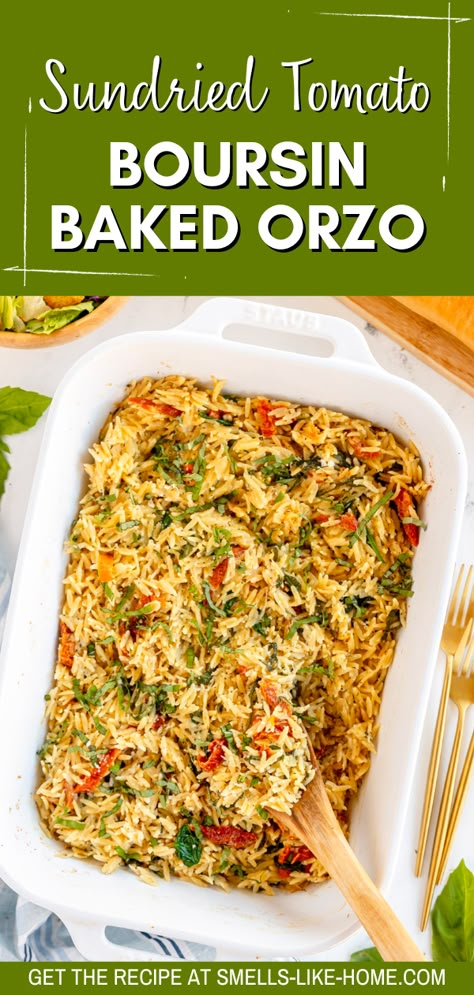 Garlic And Herb Boursin, Orzo Recipes With Sundried Tomatoes, Orzo Sundried Tomato Chicken, Orzo Entree Recipes, Boisin Cheese Orzo, Saffron Orzo Recipes, Roasted Veggie Orzo Bake, Grape Tomatoes And Boursin, Creamy Sundried Tomato Orzo