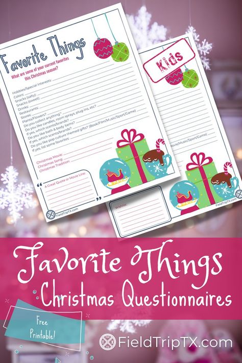 Need gift ideas for friends, family, coworkers, or a Secret Santa this Christmas? These free Favorite Things wish lists should help! Print these Christmas Gift Questions to spark ideas for everyone on your list. #ChristmasGiftIdeas #FavoriteThingsPrinatble Favorite Things List For Kids, Favorite Things List Questions Christmas, Office Secret Santa Ideas Free Printable, Christmas Gift Questionnaire For Family, Favorite Things List For Coworkers, My Favorite Things List Free Printable, Favorite Things List Questions, Favorite Things Questionaire, List Of Favorite Things Questions