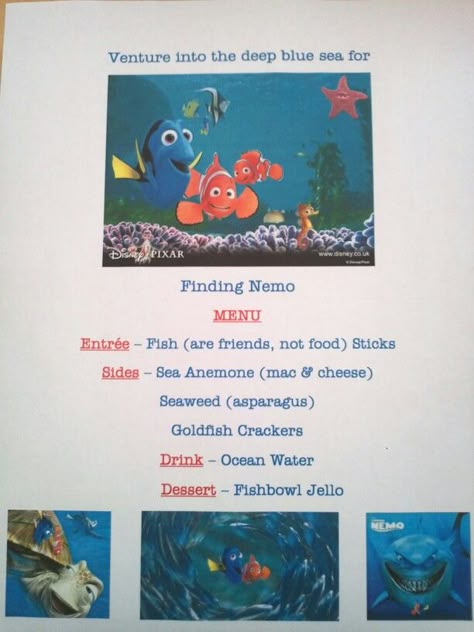 Disney Family Movie Night - Finding Nemo menu Disney Dinner And Movie Night, Disney Movie Themed Dinner, Disney Dinner And A Movie, Movie Meals, Movie Themed Dinner, Family Movie Night Themes, Disney Movie Night Menu, Dinner Movie Night, Nemo Movie