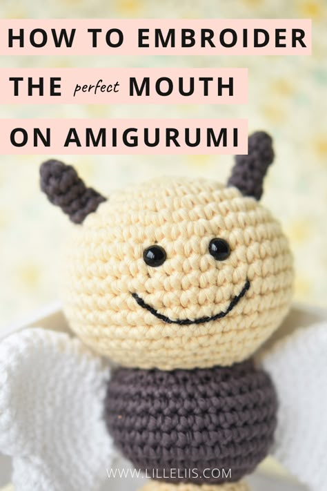 Tutorial - How to embroider a mouth on amigurumi (video) | lilleliis Embroidering Faces On Amigurumi, How To Embroider Faces On Crochet, Embroidery Amigurumi Faces Tutorial, How To Embroider Amigurumi Faces, Embroider Amigurumi Face, Embroidery On Amigurumi, Amigurumi Mouth Embroidery, How To Embroider Crochet, Amigurumi Faces Embroidery