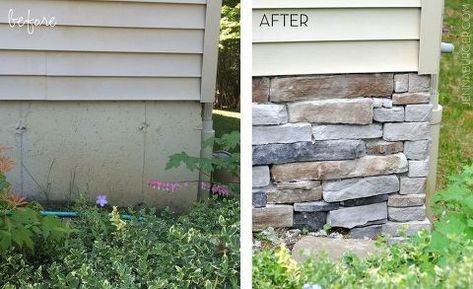 adding stone veneer to a concrete foundation wall, concrete masonry, outdoor living, porches Stone Veneer Exterior Garage, Faux Brick Panels Exterior, Rock Foundation Ideas, Airstone Exterior, Brick Foundation Exterior, Faux Exterior Stone, Exterior Stone Wall Cladding, Stone Panels Exterior, Rock Siding