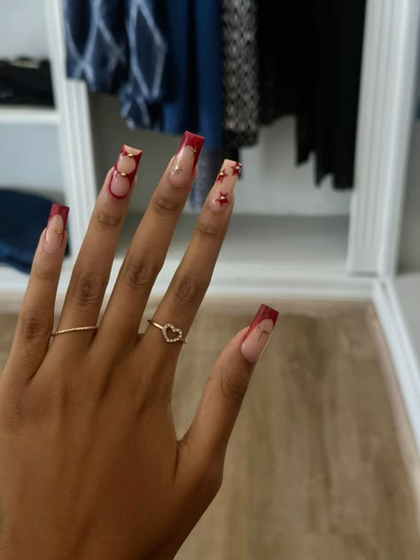 Red Easy Nail Designs, Red French Design Nails, Med French Tip Acrylic Nails, Red Nails Design French, French Nails Tips Colors, Red French Tip Black Women, Unique French Tip Designs, Red French Nails With Design, Red Base White French Tip