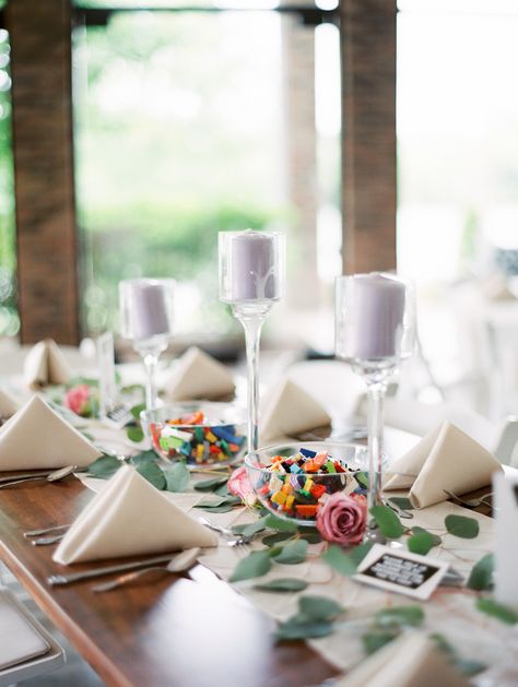 Legos in bowls as centerpieces | Guests were asked to build their own creations  | May the Fourth Wedding | Lakeside Spring Wedding | Hunter Valley Farm | Knoxville, TN | Juicebeats Photography | Absolute Wedding Perfection Lego Centrepiece Wedding, Lego Centerpieces Wedding, Lego Wedding Centerpiece Ideas, Lego Wedding Centerpiece, Lego Wedding Bouquet, Lego Centerpiece Ideas, Lego Centerpieces, Lego Wedding Ideas, Lego Themed Wedding