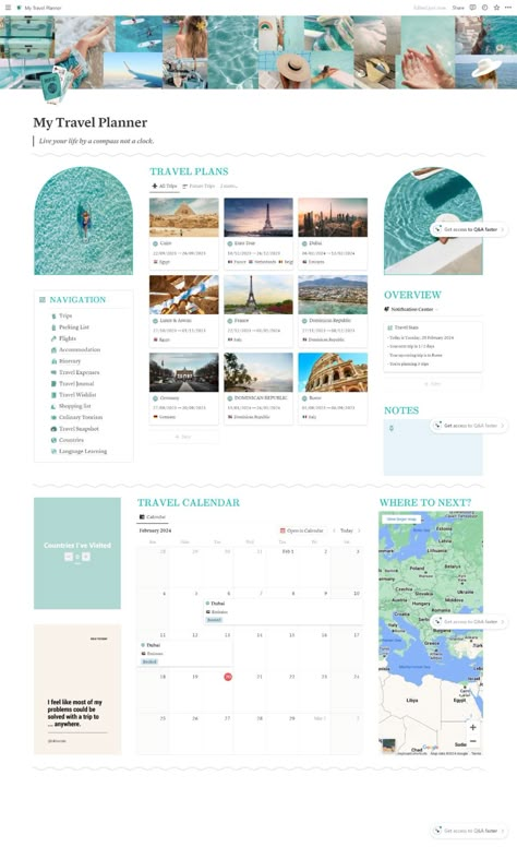 Notion Travel Planner Notion Vacation Template, Notion Template Ideas Travel, Travel Itinerary Aesthetic, Travel Notion Cover, Travel Planning Aesthetic, Notion Trip Planner, Notion Itinerary, Notion Ideas Aesthetic, Aesthetic Itinerary