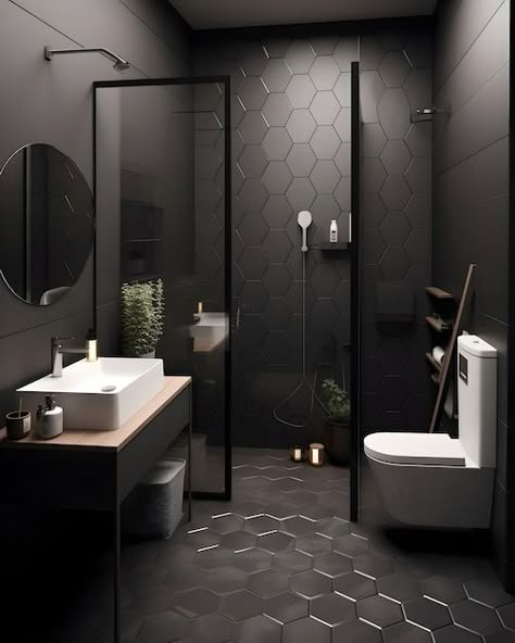 Dark Tiled Bathrooms Ideas, Black Tiles Bathroom Floor, Black White And Grey Bathrooms, Dark Tile In Bathroom, Dark Wall Bathroom Ideas, Black Washroom Designs, Dark Ensuite Bathroom Ideas, Black Tapware Bathroom, Simple Black Bathroom