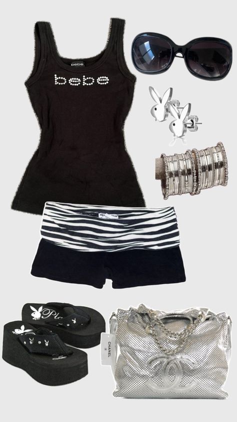 Collage, flatlay, y2k, 2000s, outfit, inspo, idea, mcbling #minishorts, tanktop, chanelbag, playboy, black, silver Vs Angel Makeup, School Bag Organization, Aesthetic Outfits Y2k, Bebe Clothing, Angel Makeup, Mcbling Fashion, Trashy Outfits, 2000s Outfit, Mcbling Y2k