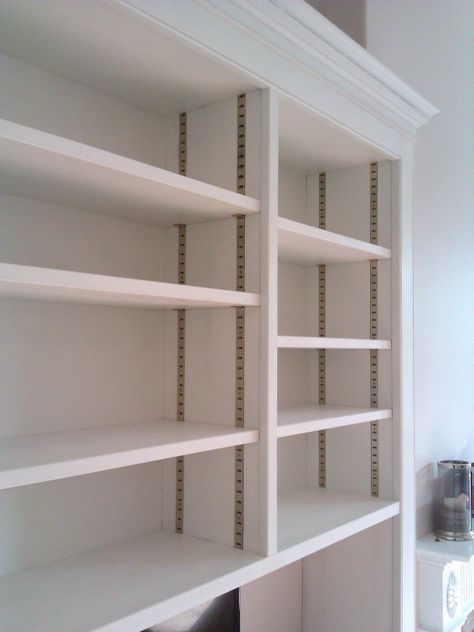 Brass adjustable shelving system Diy Adjustable Shelves, Cupboards Ideas, Track Shelving, Wood Closet Shelves, Tool Wall Storage, Wardrobe Shelving, Brass Shelving, Office Shelves, Bookshelf Room