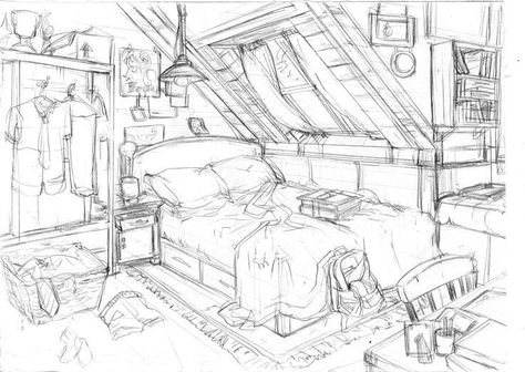 Manga Bedroom Drawing, Drawing Bedroom Sketches, Bedroom Sketch Drawings, Bedroom Perspective Drawing, Room Reference Drawing, Drawing Of Room, Room Drawings Sketches, Bedroom Drawing Sketches, Bedroom References