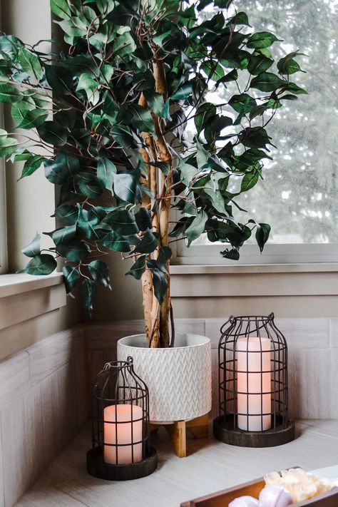 artificial plant, ficus tree, silk leaves, ceramic planter, candle holders, best candle holders, metal candle holders, bathtub decor, bathroom decor, bathroom decor ideas, how to decorate a bathroom Bathtub Candle Decor, Corner Bath Tub Decor, Around Tub Decor Ideas, Decorate Around Bathtub, Bathtub Ledge Ideas, Around Bathtub Decor, Bathtub Corner Decor, Bathtub Plants Decor, Garden Bathtub Decor