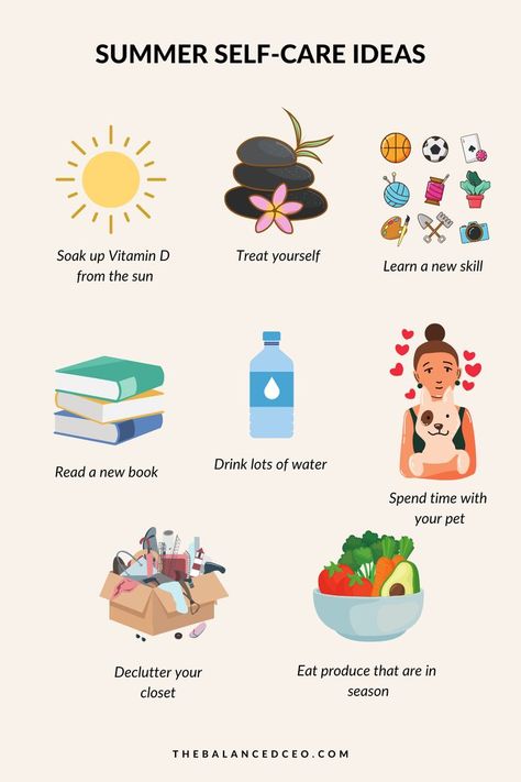 Summer self-care infographic Self Care Bucket List, June Self Care, Summer Self Care Ideas, June Self Care Challenge, August Self Care, Summer Health Tips, Summer Self Care Aesthetic, Summer Selfcare, Summer Habits