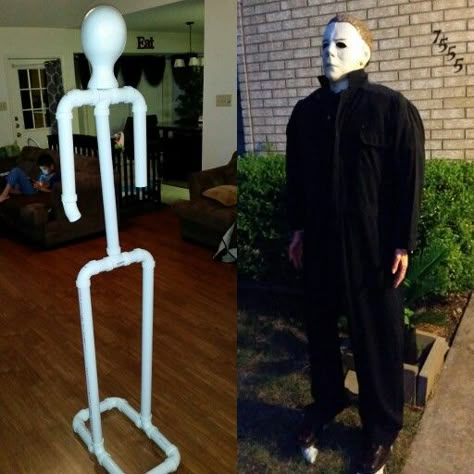 Halloween body frame - pvc pipes Michael Myers                                                                                                                                                                                 More Diy Halloween Dekoration, Makeup Zombie, Michaels Halloween, Scary Halloween Decorations Outdoor, Dekorasi Halloween, Halloween Party Decor Diy, Halloween Diy Outdoor, Halloween Decor Diy, Halloween Outside