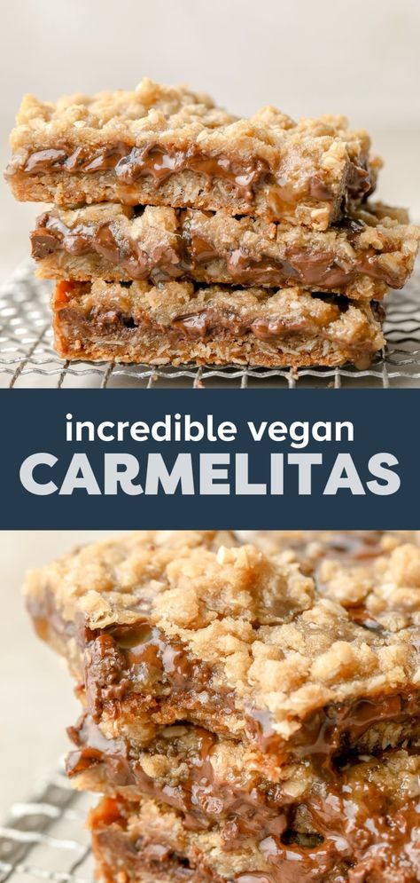 Vegan Carmelitas Gluten Free Carmelita Bars, Vegan Caramel Dessert, Vegan Treats Recipes, Vegan Gf Dessert Recipes, Vegan Bar Recipes, Vegan Bars Dessert, Vegetarian Desserts Easy, Vegan Caramel Cookies, Delish Recipes Desserts