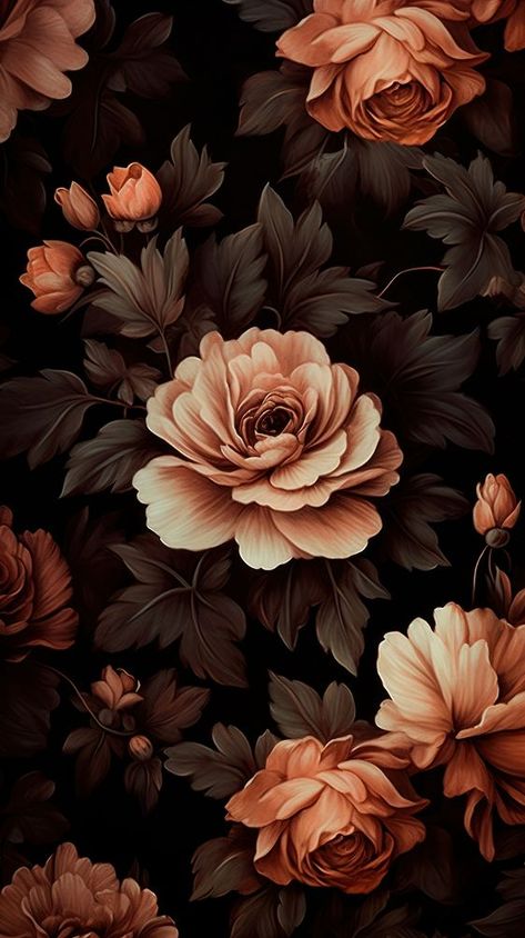 Flora Background Design, Peach And Black Aesthetic, Brown Flowers Aesthetic Wallpaper, Black Elegant Aesthetic, Dark Rose Background, Brown Textured Wallpaper, Dark Moody Wallpaper, Flora Background, Flower Pattern Wallpaper