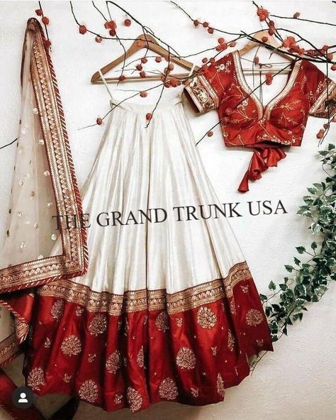 South Indian Lehenga Choli, South Indian Lehenga, Red Lengha, Chania Choli, White Lehenga Choli, Chaniya Choli Designs, Lehenga Choli For Women, Choli For Women, White Lehenga