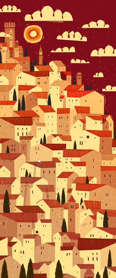 The Tiler © Peter Donnelly, via Behance @Spencer Fornaciari Fornaciari Fornaciari Fornaciari Fornaciari Fornaciari Fornaciari Fornaciari Olsen Building Illustration, City Illustration, Italian Pasta, Rooftops, Illustrations And Posters, Mail Art, Illustration Inspiration, Art Paint, Illustrations Posters