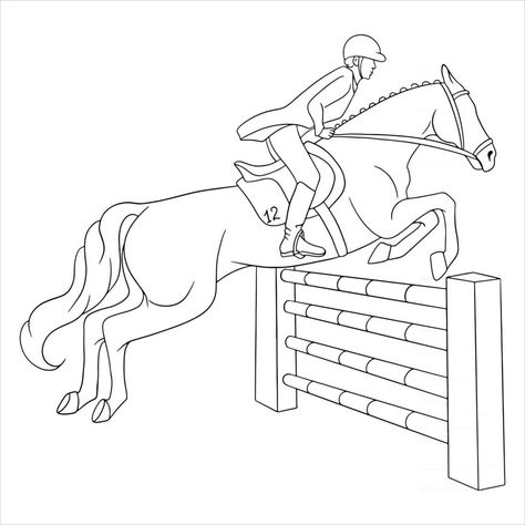 Horseback Riding Woman Riding Horse Jumping Over Obstacle Line style Horse Jumping Lineart, Horse Back Riding Drawings, How To Draw A Horse Jumping, Horse Drawing Jumping, Horse Riding Sketch, Person Riding Horse Drawing Reference, How To Draw Horse, Horse Riding Drawing, Horse Jumping Drawing