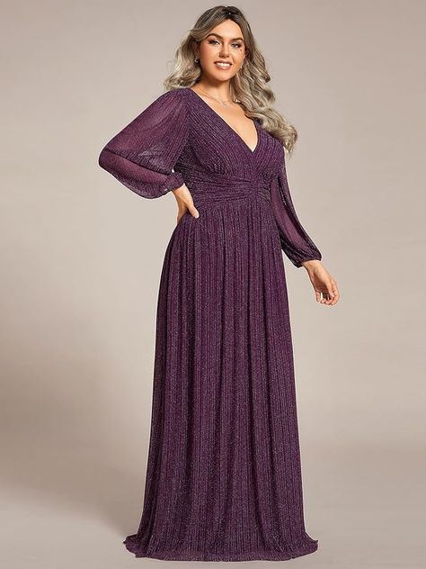 Amazon.com: Ever-Pretty Women's Glitter Long Sleeves Pleated Floor Length Evening Formal Dresses Plus Size Black 26 : Clothing, Shoes & Jewelry Purple Dresses Plus Size, Empire Waist Dress Formal, Plus Size Dresses To Wear To A Wedding, Plus Size Formal Wear, Plus Size Gala Dress, Wedding Hairstlyes, Scene Fit, Medi Dress, Plus Size Evening Gown