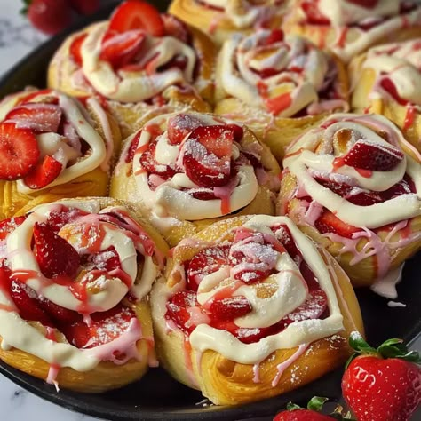 Easy Strawberry Cheesecake Sweet Rolls top recipes in 2024 Dessert Rolls Recipe, Dessert Recipes Cinnamon Rolls, Easy Creamy Dessert Recipes, Strawberry Cheesecake Sweet Rolls, Strawberry Shortcake Cheesecake Rolls, Raspberry Cheesecake Rolls, Simple Recipes Breakfast, Strawberry Cheesecake Rolls Recipe, Strawberry Cheesecake Pastry