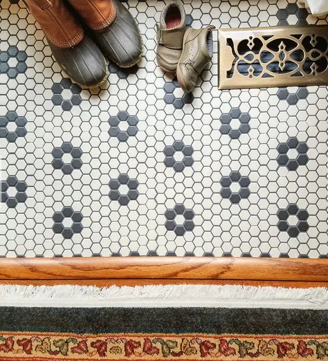 1940s Kitchen Floor Tile, Laundry Room Penny Tile Floor, Hexagon Tile Mudroom Floor, Cottagecore Tile Floor, Vintage Kitchen Floor Tile, Penny Tile Entry, Vintage Bathroom Flooring, 1950s Kitchen Floor, Vintage Kitchen Flooring