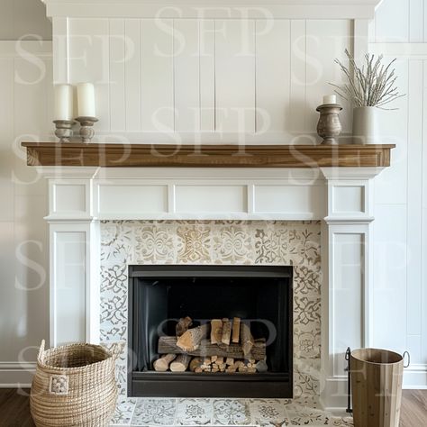 Fireplace Makeover Mobile Home, White Tile For Fireplace Surround, Deep Mantel Fireplace, Update Fireplace Hearth, Tile Above Fireplace Mantle, Colonial Brick Fireplace, Panel Wall Fireplace, Craftsman Style Fireplace Surround, Redo Fireplace Brick