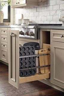 Decorá Cabinets: Base Tray Divider Pantry Pull-out Cabinet - Traditional - Kitchen - by MasterBrand Cabinets, Inc. | Houzz Decora Cabinets, Kitchen Narrow, Kitchen Tiny, Kitchen Cabinet Accessories, Model Dapur, Desain Pantry, Kabinet Dapur, Narrow Kitchen, Small Kitchen Organization