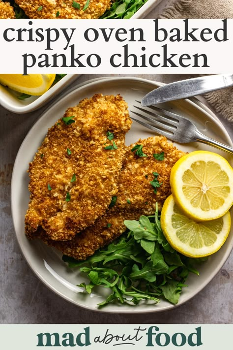 Healthy Baked Crispy Chicken, Baked Coated Chicken Recipes, Crispy Chicken Sandwich Baked, Panko Oven Fried Chicken, Chicken Thigh Panko Recipe, Oven Baked Crusted Chicken, Chicken With Panko Bread Crumbs Baked, Fried Chicken Baked In Oven, Panko Chicken No Egg