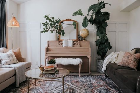 Living Room and Painted Piano Makeover for Deserving Single Mom - Nesting With Grace Piano Decorating Ideas Modern, Self Playing Piano, Lamp On Piano, How To Style Piano, Living Room Upright Piano, Decor Over Piano, Redone Piano, Mirror Over Piano, Piano In Living Room Layout