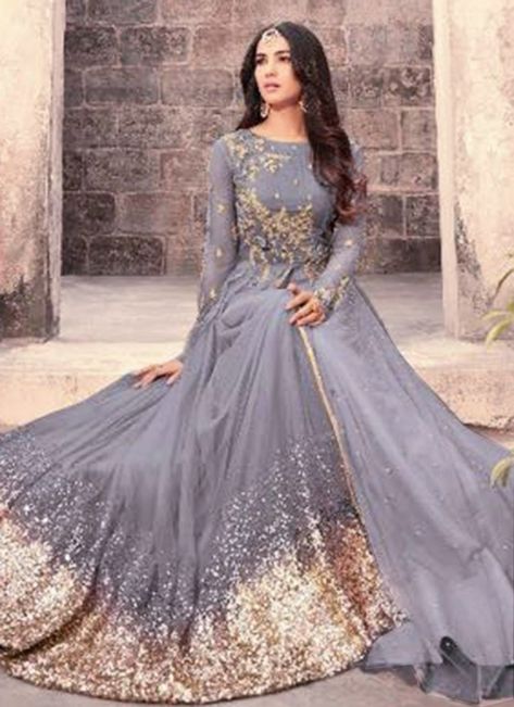 Grey Net Abaya Style Anarkali Suit Grey Lengha, Bridesmaid Lengha, Bridal Lengha, Desi Dress, Embroidered Anarkali, Lengha Choli, Indian Suits, Salwar Kameez Designs, Anarkali Suit