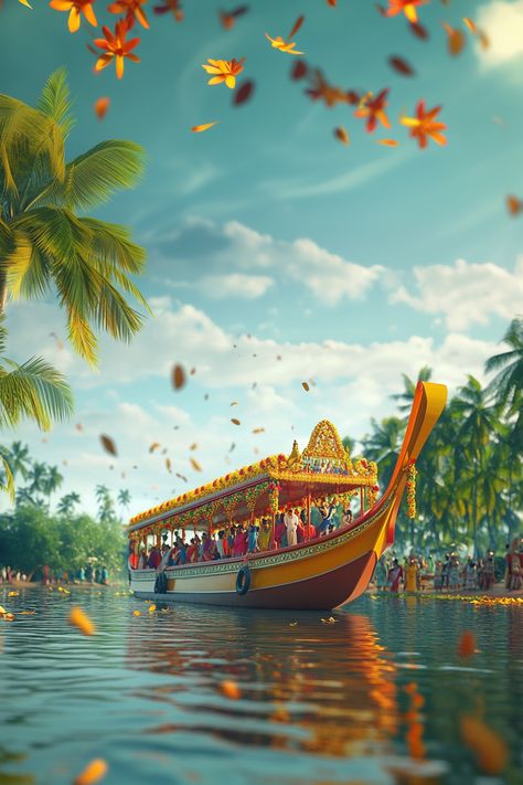 ce front view of a onam boat with peoples celebrating Onam festival in green lake, onam festive vibe, nice festive theme, hd, 4k Onam Images Hd, Kerala Background, Onam Theme, Onam Background, Onam Festival Kerala, Onam Pictures, Onam Poster, Onam Images, Aesthetics Landscape