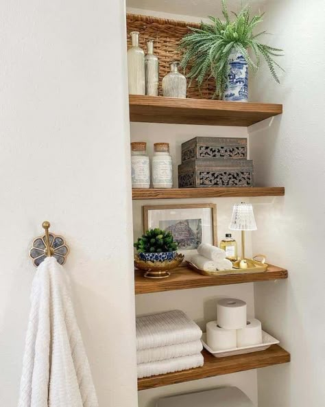 Storage Over Bathtub, Bathroom Shelves Next To Toilet, Over Toilet Built In Storage, Built In Behind Toilet, Over The Toilet Built In Cabinet, Bathroom With Shelves Above Toilet, Bathroom Shelving For Towels, Bathroom Built In Shelves Decor, Over Toilet Shelf Ideas