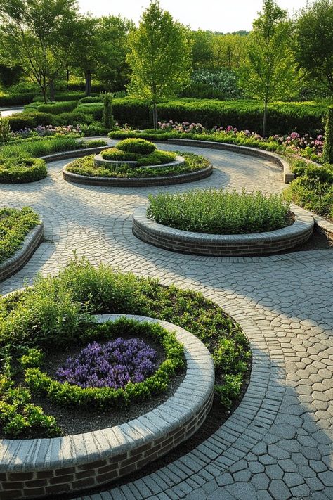 Add a modern touch to your garden with geometric layouts! 🌿🔷 Use geometric patterns and shapes to create a contemporary and visually striking garden design. Learn how to incorporate these elements for a garden that's both functional and stylish. #GeometricGardens #ContemporaryDesign #GardenTrends 1800 Mansion, Round Garden Design, Circular Garden Design, Mazar Sharif, Earthy Homes, Sustainable Garden Design, Geometric Garden, Landscape Architecture Park, Landscape Hardscape