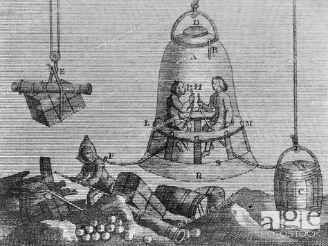 Diving bell, 1690, designed by Edmond Halley (1656-1742), engraving, Stock Photo, Picture And Rights Managed Image. Pic. DAE-10367965 | agefotostock Diving Bell, History Drawings, Vintage Sci Fi, Fish Images, Ship Paintings, Retro Future, History Of Science, History Class, Ancient Mysteries