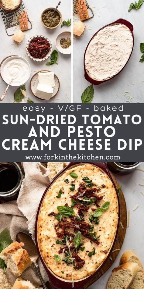 Hot Pesto Dip, Sundried Tomato Dip Cream Cheese, Feta Pesto Sundried Tomato Dip, Appetizers With Sun Dried Tomatoes, Tuscan Cheese Dip, Sun Dried Tomato Dip Cream Cheese, Party Dips Vegetarian, Dip With Baguettes, Pesto Sundried Tomato Cream Cheese Dip