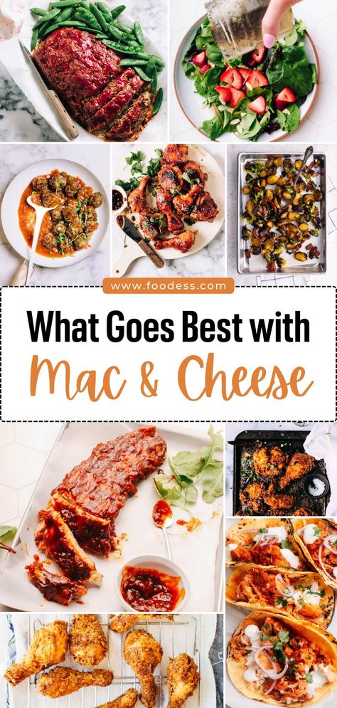 Transform your mac and cheese into a complete meal with these 21+ delicious side dishes. From savory meats like chicken, brisket, and BBQ ribs to vegetable sides like crisp salads and steamed veggies, turn your bubbly golden mac and cheese meal into a feast. Perfect for balancing the rich, creamy sauce and soft pasta with lighter, crisp sides. Find the best mac and cheese pairings for your next family dinner, party, potluck or holidays. Find the mac and cheese side dishes list on my blog! Things To Eat With Mac And Cheese, Main Dish To Go With Mac And Cheese, Baked Mac And Cheese Dinner Ideas, Mac And Cheese Sides Dinners, Food That Goes With Macaroni And Cheese, Mac And Cheese Pairing Food, Meals With Mac And Cheese Side, Mac And Cheese Dinner Ideas Meals, Mac N Cheese Sides