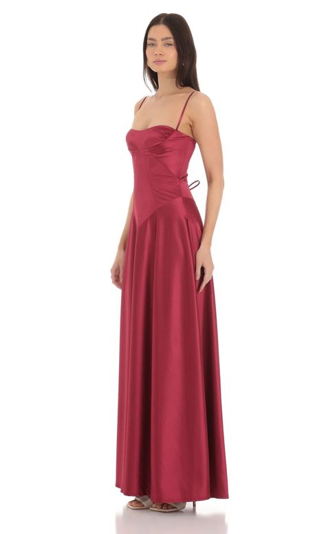 Satin Square Neck Maxi Dress in Maroon Nice Long Dresses Classy, Long Wedding Dress Guest, Red Velvet Dresses Long, Mahogany Prom Dress, Ruby Colored Dress, Burgundy Dresses Bridesmaid, Old Money Long Dresses, Red Snowball Dresses, Flared Maxi Dress