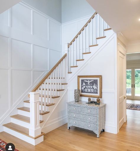 L Stairs With Landing, Catwalk Banister, Stairwell Paneling Ideas, Wayne Scotting Staircase, U Shaped Staircase With Landing, Stairwell Paneling, Shiplap Stairway, Staircase Paneling Ideas, Stairwell Wainscoting