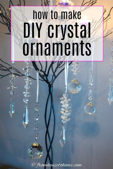 These crystal DIY Christmas ornaments are a beautiful way to add some sparkle to your Christmas tree decorations. They're easy to make and look beautiful on a flocked Christmas tree. #fromhousetohome #christmas #ornaments #diyproject Christmas Tree With Crystal Ornaments, Christmas Crystal Decorations, Crystal Ornaments Christmas Tree, Crystal Christmas Tree Decorations, Crystal Tree Diy, Crystal Suncatchers Diy Craft Ideas, Diy Vintage Ornaments, How To Make Christmas Ornaments, Crystal Ornaments Diy