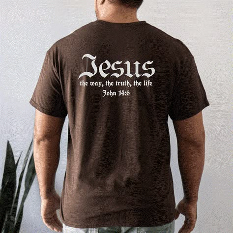 Jesus the way the truth the life Men's Christian t-shirt. If you are looking for cool Christian shirts for men, look no further.  This faith-based men's shirt is comfortable, sturdy, and stylish.  Now is the time to be bold in faith and share the hope and truth of Jesus.  There's nothing more manly than a man of God stepping up and speaking out to proudly proclaim Jesus.  Wearing your faith is such a great, relaxed way to share your faith. This Christian men's shirt is a perfect way to open a do Christian T Shirt Ideas For Men, Christian Graphic Tees Men, Christian Shirts Designs Men, Gospel Clothing, Christian Clothing Men, Dc Clothing, A Man Of God, Christian Clothes, Jesus Clothes