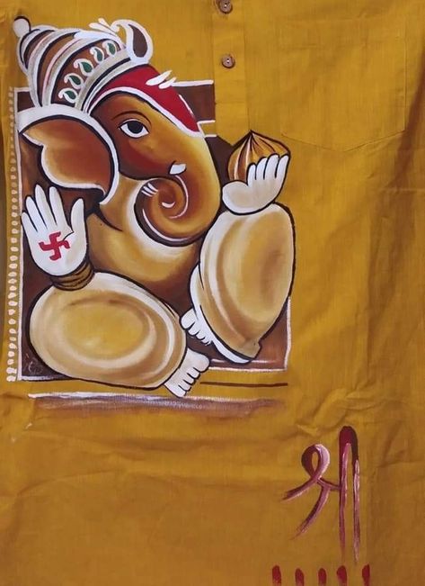 Urmila Art and Culture Ganpati Kurta Design, Febric Penting Panjabi, Ganpati Fabric Painting, Ganpati Bappa Fabric Painting, Panjabi Painting, Punjabi Design, Panjabi Design, Namaste Art, Fabric Colour Painting