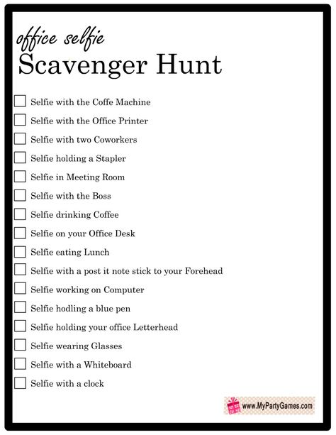 Free Printable Office Selfie Scavenger Hunt Game Work Scavenger Hunt, Office Scavenger Hunt, Scavenger Hunt Ideas For Adults, Office Selfie, Kid Holiday Games, Selfie Scavenger Hunt, Housewarming Party Games, Housewarming Games, Staff Engagement