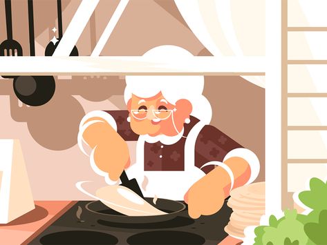 Grandma in kitchen cooking dinner character pancake baking granny cooking kitchen grandma kit8 flat vector illustration Grandma Cooking Illustration, Grandma Illustration, Baking Pancakes, Pancake Drawing, Cooking Illustration, Home Made Food, Kitchen Illustration, Book Illustration Layout, How To Cook Pancakes