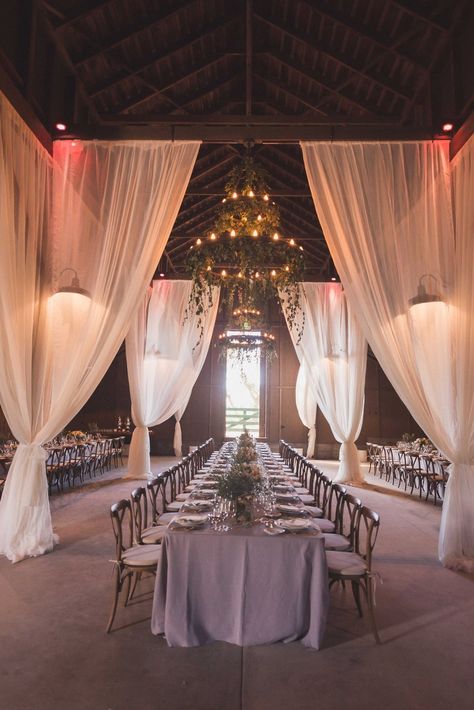 Ceiling Drapery, Wedding Drapery, Wedding Draping, Ceiling Draping, Barn Reception, White Drapes, Staircase Decor, Barn Decor, Rustic Wedding Ideas