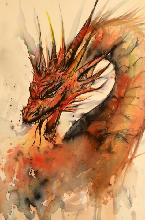 Dragon Art Watercolor, Mythical Creatures Painting, Dragon Drawing Watercolor, Abstract Dragon Art, Watercolor Art Dragon, Watercolour Dragon Tattoo, Dragon Watercolor Painting, Watercolour Fire, Sketch Of Dragon