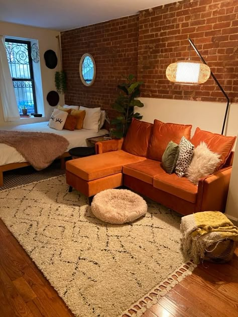 350-Square-Foot Basement Brownstone Studio Apartment | Apartment Therapy Sectional Sofa Studio Apartment, Studio Apartment Ideas Cottage Core, 200sqft Studio, Rustic Studio Apartment Ideas, Bohemian Studio Apartment Ideas, Mini Studio Apartment Ideas, Basement Rental, Small Studio Apartment Decorating, Studio Apartment Design