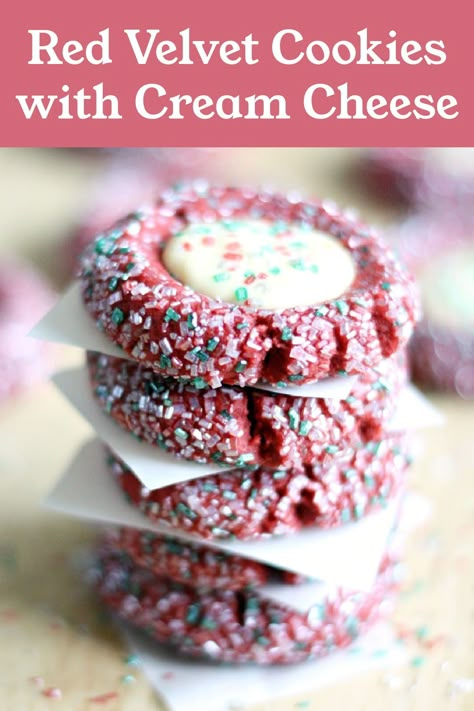 Red Velvet Snickerdoodles, Red Velvet Thumbprint Cookies Christmas, Red Velvet Holiday Cookies, Christmas Sweets And Treats Desserts, Red Velvet Cream Cheese Thumbprint Cookies, Sugar Cookie Candycane, Not So Sweet Cookies, Christmas Cookies Cheesecake, Cute Christmas Cookie Recipes