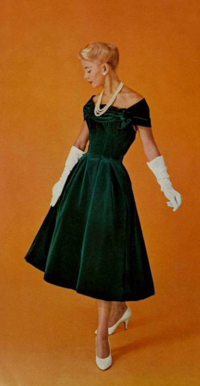 1956 Balmain | vintage 50s dress | 1950s green velvet evening gown 1950s Green Dress, Vintage Evening Gowns 1950s, 50s Evening Dress, Vintage Green Dress 1950s Style, 1950 Evening Gowns, 1950s High Fashion, 1950s Dresses Formal, 50s Dresses Formal, Green 50s Dress