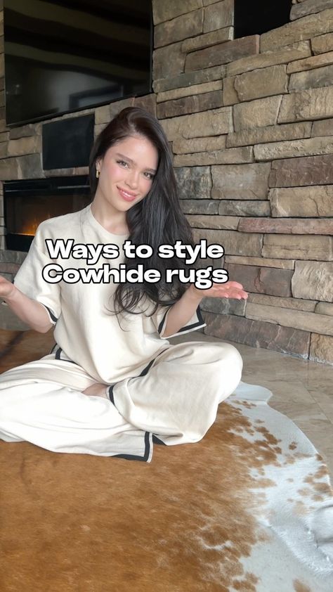 Cowhides Direct (@cowhidesdirect) • Instagram photos and videos Cow Hide Rug Over Jute Rug, Boho Cowhide Living Room, Cow Hyde Living Room Rug, Cow Hide Rug Dining Table, Decorate With Cowhide Rug, Black Cowhide Rug Living Room, Cowhide Rugs In Living Room, How To Style A Cowhide Rug, Cow Hide Rug Bedroom Ideas