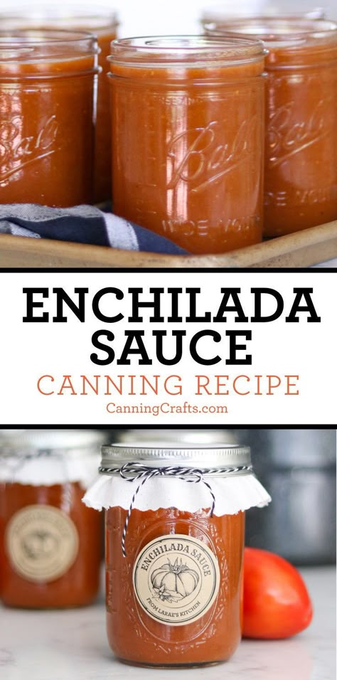 Enchiladas are a family favorite. Make them extra special by canning your own enchilada sauce. Summer tomatoes are perfect for a delicious sauce you can pull from your pantry throughout the year. Get the Enchilada Sauce Canning Recipe on CanningCrafts.com | #CanningCrafts #canning #foodpreservation #preserving #homecanning #canningrecipes #recipe #EnchiladaSauce #Enchiladas Enchilada Sauce Canning Recipe, Enchilada Sauce Canning, Canning Enchilada Sauce, Canning Tomatoes Recipes, Canning Jar Labels, Pressure Canning Recipes, Recipes With Enchilada Sauce, Canning Vegetables, Home Canning Recipes