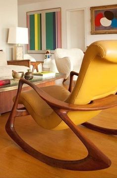 Yellow leather chair I love the rocking chair style of this chair. In a smaller scale, it would make a great kids chair. The yellow and wood matches well together Mid Century Patio Furniture, Vladimir Kagan, Mcm Furniture, Retro Renovation, Star Struck, Retro Furniture, Mid Century Modern House, A Living Room, Mid Century Modern Furniture