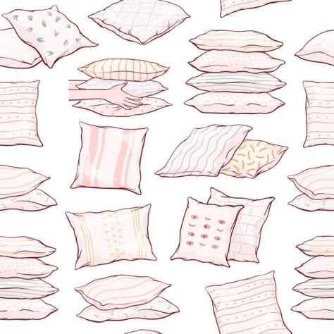 seamless pattern with pillows - single, pairs, piles, standing, lying, front and side view, on white background, hand-drawn sketch, vector illustration. seamless pattern with hand-drawn pillows - pile of pillows stock illustrations Bed Drawing Aesthetic, Pile Of Pillows Drawing, Bed Cute Drawing, Pillow Art Reference, Holding A Pillow Reference, Cute Pillow Drawing, Gacha Pillow Prop, Pillow Illustration Drawing, How To Draw Pillows